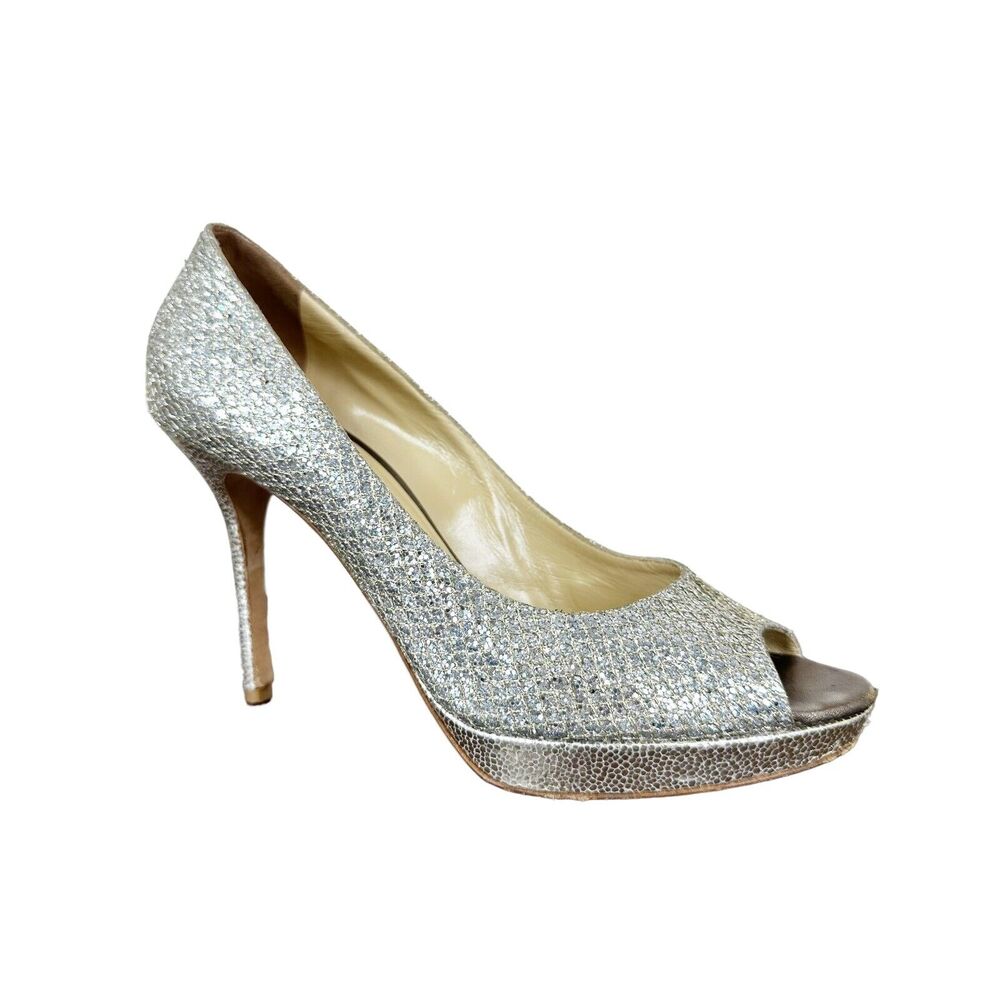 Jimmy Choo Heels Women's 38.5 Peep Toe Glitter Platform Pumps Silver Stilettos